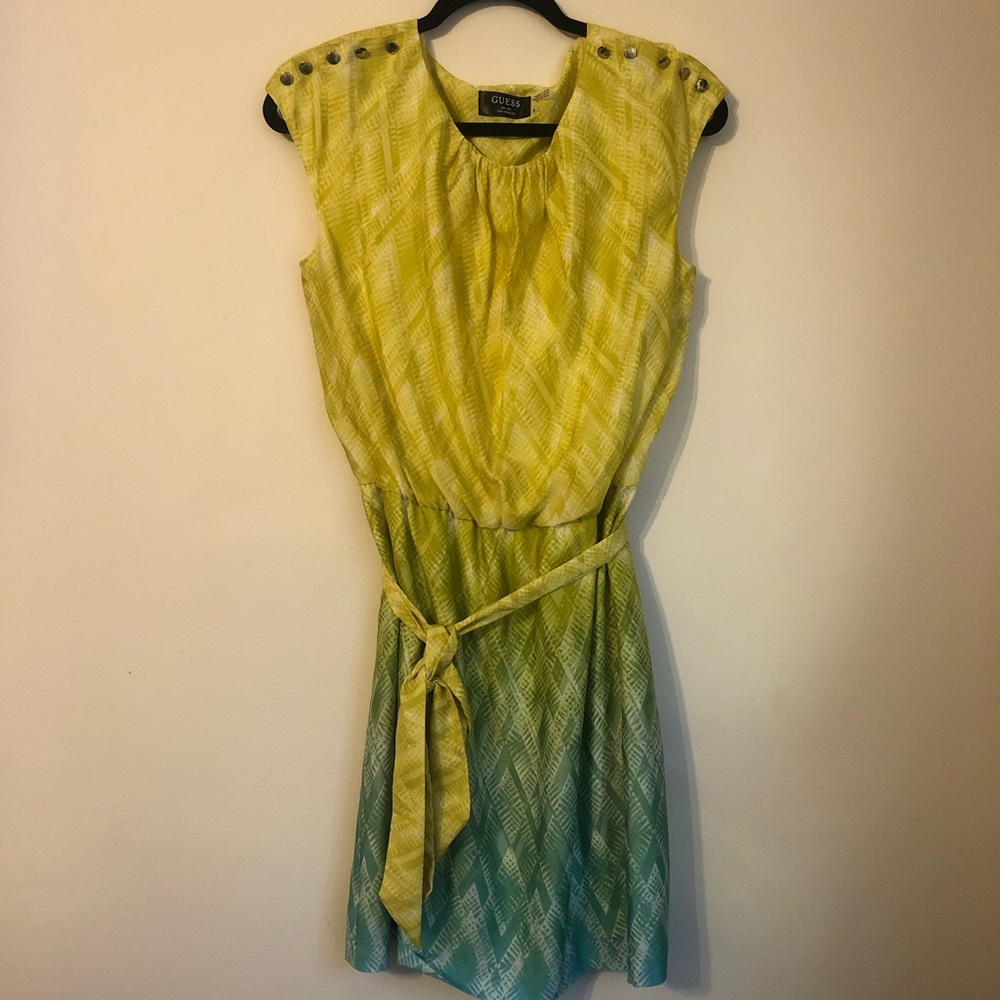 🟣Guess Ombre Yellow and Blue Waist Tie Dress